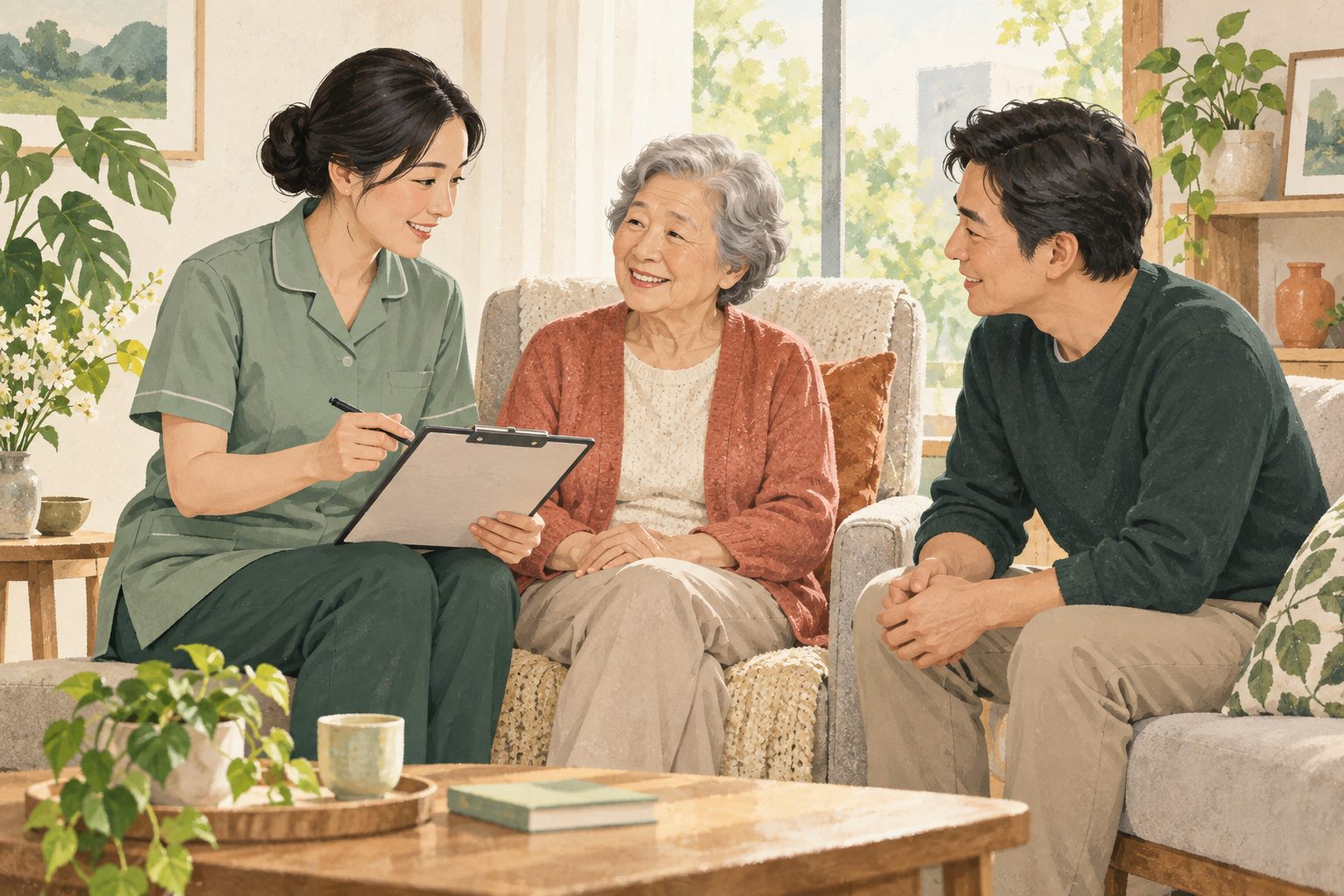照護人員陪伴長者,與家屬一起討論照護安排